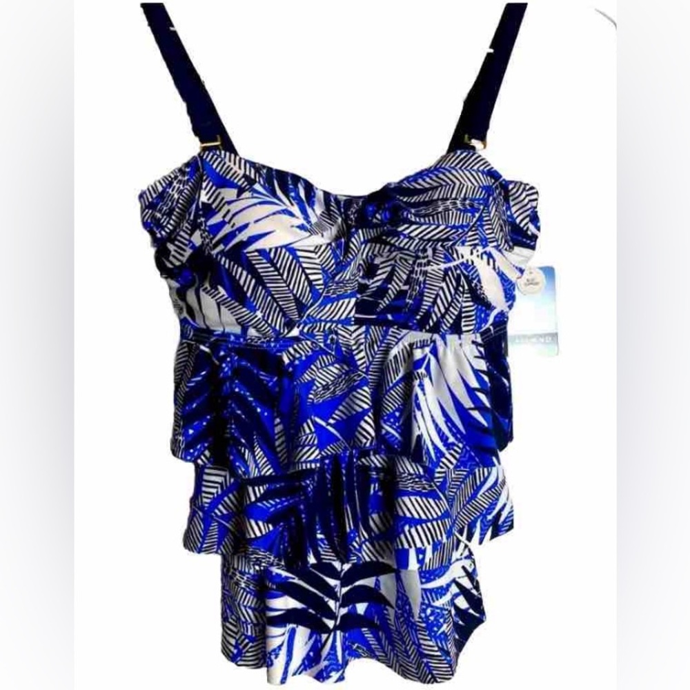 Island Waves tiered ruffle tankini top small NWT blue white black tropical palms